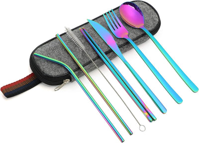 Flatware Set Stainless Steel, Travel Camping Cutlery Set, Portable Utensil Travel Silverware Dinnerware Set with a Waterproof Case （8Pcs） (Rainbow)