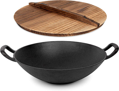 Pre-Seasoned Cast Iron Wok with 2 Handled and Wooden Lid (14 Inches) Nonstick Iron Deep Frying Pan with Flat Base for Stir-Fry, Grilling, Frying, Steaming - for Authentic Asian, Chinese Food