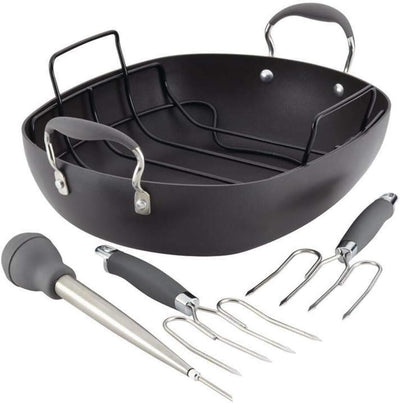 Advanced Hard Anodized Nonstick Roaster / Roasting Pan Set with Utensils - 16 Inch X 13 Inch, Gray