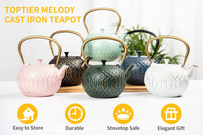 Tea Kettle,  Japanese Cast Iron Tea Kettle for Stove Top, Stovetop Safe Teapot with Infusers for Loose Tea, 34 Ounce (1000 Ml), Navy Melody