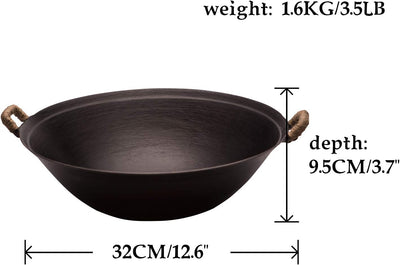 Zhensanhuan Handmade Cast Iron Wok No Coating No Painting Healthy, Flat Bottom, Induction Suitable (32CM (12.6Inches))