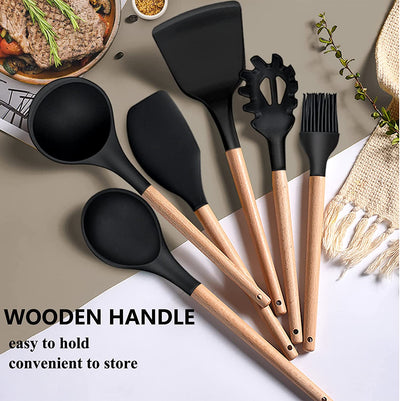 33-Piece Silicone Kitchen Cooking Utensils Set with Holder, Wooden Handle Heat Resistant Cookware Utensils Set, Non-Stick Kitchen Tools for Baking Cooking, Black