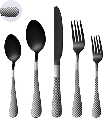 Black Silverware Set, RENVIRTUE 20-Piece Stainless Steel Flatware Cutlery Set Service for 4,Tableware Cutlery Set for Home and Restaurant，Unique Pattern Design,Mirror Polish,Dishwasher Safe