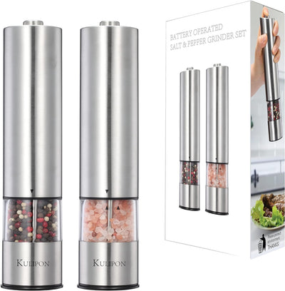 Electric Salt and Pepper Grinder Set, Refillable, One Handed, Ergonomic Salt and Pepper Shakers, Adjustable Coarseness Fine Long-Lasting Battery Salt and Pepper Mill Sets with Light(2 Pack)