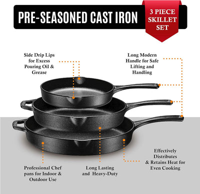 8, 10 and 12 Inch Pre-Seasoned Frying Pan Set of 3, Oven Safe Skillet, Grill Pan Set, Nonstick Cookware with Side Drip Lips, Black