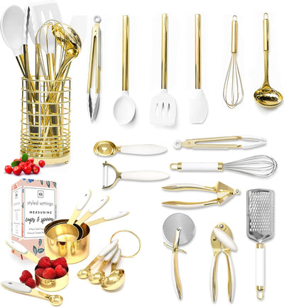 White and Gold Kitchen Utensils Set - 23 Piece Luxe White and Gold Kitchen Accessories Include Gold Measuring Cups and Spoons, White Silicone and Gold Cooking Utensils, White and Gold Kitchen Tools