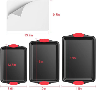 Baking Sheets,  3 Pack Nonstick Baking Sheets with 50 Pcs Parchment Paper - Cookie Sheets Cookie Pan Set with Silicone Handles Perfect for Baking Cookie or Pastry