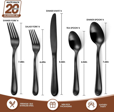 Matte Black Silverware Set,Begeel 20 Piece Stainless Steel Flatware Set,Satin Finish Tableware Utensil Set,Service for 4,Upgraded Cutlery Set for Kitchen and Home,Dishwasher Safe