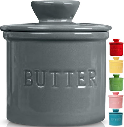 Butter Crock with Lid, on Demand Spreadable Butter, French Butter Keeper to Leave on Counter with Water Line, Ceramic French Butter Dish, Grey