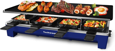 Raclette Grill,  Electric Table Indoor Grill Korean BBQ Grill, Removable 2-In-1 Non-Stick Grill Plate, 1500W Fast Heating with 8 Cheese Melt Pans, Ideal for Parties and Family Fun (Blue)