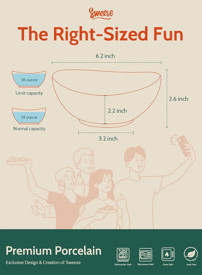 6 Inch Porcelain 18 Oz Bowls Set of 6, for Soup | Cereal | Fruits | Rice - Microwave, Dishwasher, and Oven Safe - White