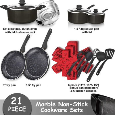 Non-Stick Coating, Cookware Pots and Pans Set, Frying Pan, Skillet, Stock Pot, Sauce Pan, Deep Frying, Casserole Pan, Stainless Steel Steamer (21 Piece Metal Grey / Marble)