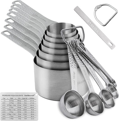 Measuring Cups and Spoons Set, 18/8 Stainless Steel Measuring Cups and Spoons Set of 16Pcs, Metal Measuring Cup and Measuring Spoon Set with Leveler and Equivalents Dry 2/3 & 3/4 Cup Measuring Cup Set