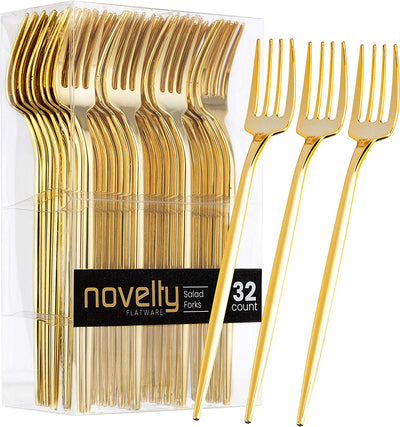 Novelty Modern Flatware, Cutlery, Disposable Plastic Salad Forks Luxury Gold 32 Count