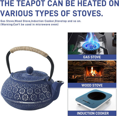 Cast Iron Teapot for Stovetop Safe Coated with Enameled Interior,Japanese Tea Kettle with Stainless Steel Infuser for Loose Tea(33.8Oz/1000Ml)