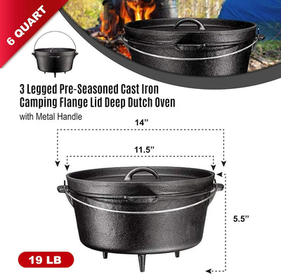 , 3 Legged Pre-Seasoned Large Cast Iron Cauldron Camping Flanged Lid Deep Dutch Oven, 6 Quart W/Metal Bail Handle Pre-Seasoned Camping Cookware