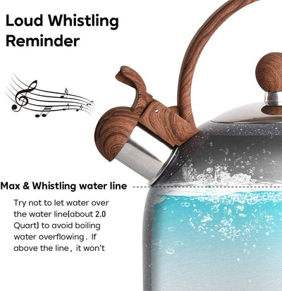 Tea Kettle -  2.5 Quart Tea Kettles Stovetop Whistling Teapot Stainless Steel Tea Pots for Stove Top Whistle Tea Pot with Wood Pattern Anti-Hot Handle Teakettle Black