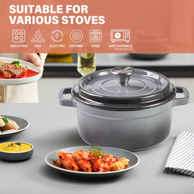 Enamel Cast Iron Covered Dutch Oven Pot with Lid for Bread Baking Use on Gas Electric Oven 3 Quart(Grey, 2-3 People)