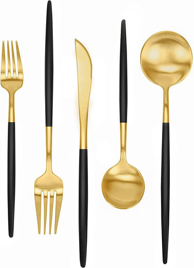 Matte Black Gold Silverware Set 30 Pieces, FAMEWARE Stainless Steel Flatware Set，Service for 6，Kitchen Utensil Set, Tableware Cutlery Set, Satin Finished Polished & Dishwasher Safe