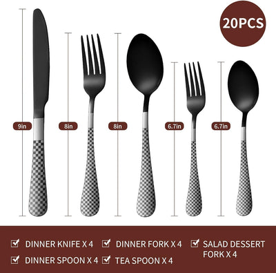 Black Silverware Set, RENVIRTUE 20-Piece Stainless Steel Flatware Cutlery Set Service for 4,Tableware Cutlery Set for Home and Restaurant，Unique Pattern Design,Mirror Polish,Dishwasher Safe