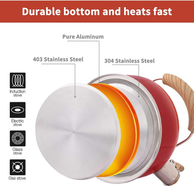 Tea Kettle, Tea Pot with Cool Touch Ergonomic Handle, Tea Kettle Food Grade Stainless Steel, Tea Kettle Stovetop, Kettle Teapot, Whistling Tea Kettle, Tea Kettle Pot, 2.5 Quart (Red)