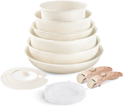 Nonstick Cookware Set -  Stackable Pots and Pans Set Detachable Handle Camping Cookware Granite Kitchen Cookware Sets Removable Handle, Non Toxic Nonstick Frying Pans for Cooking Set Gift Beige