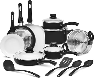 Ceramic Cookware | 16-Piece Nonstick Cookware Set with Induction Base, Softgrip Handles & Clear Glass Lids | Compatible with Induction, Ceramic, Gas, Electric & Halogen Cooktops | Black