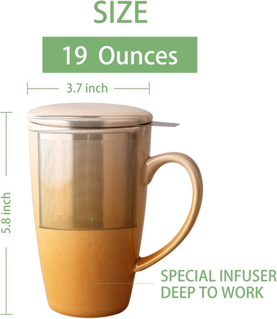 Porcelain Tea Mug with Infuser and Lid, 19 Oz Large Tea Cup with Gift Box, Tea Strainer Cup with Tea Bag Holder for Loose Tea, Tea Steeping Mug, Perfect for Gift or Self-Use- Khaki Gradient