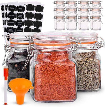 Spice Jars - 12 Airtight Flip Top Bottles with 40 Labels & Chalkboard Pen - Complete Set of 3.4 Ounce Square Empty Spice Bottles with Funnel | Kitchen Spice Organizer Clear Glass Jars