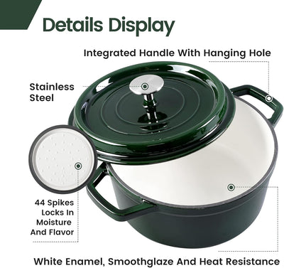 Enameled Cast Iron Dutch Oven Casserole Dish, Large Loop Handles & Self-Basting Condensation Ridges on Lid (4QT, Dill Green)